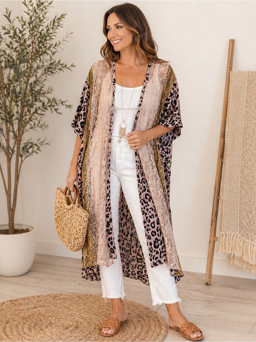 GiGiO+ Lace Leopard Print Boho Duster Cardigan Size 1X